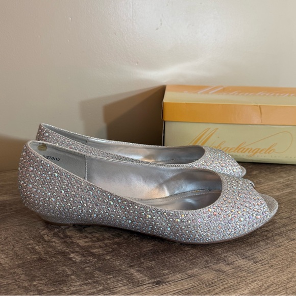 Michaelangelo David’s Bridal Silver Rhinestone Wedge Peep Toe Dress Shoes Sz 11 - Picture 2 of 13